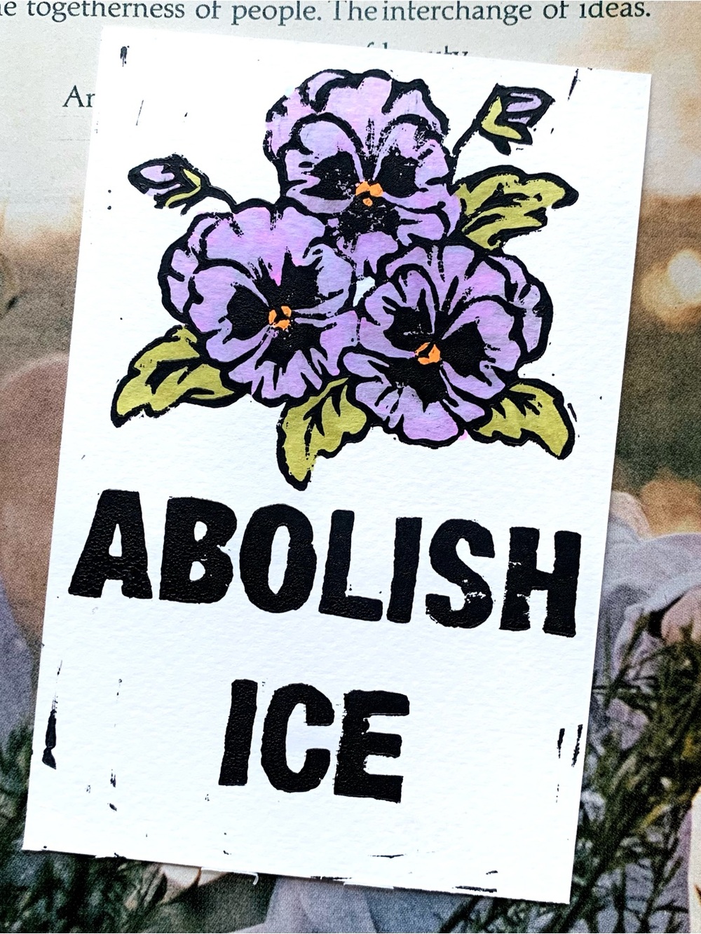 Pansy “ABOLISH ICE” Floral Linocut Block Print on Watercolor Paper | 4”x6”